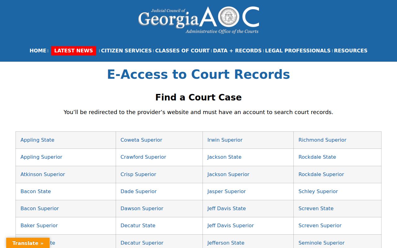 Georgia court records E-Access list by court and county