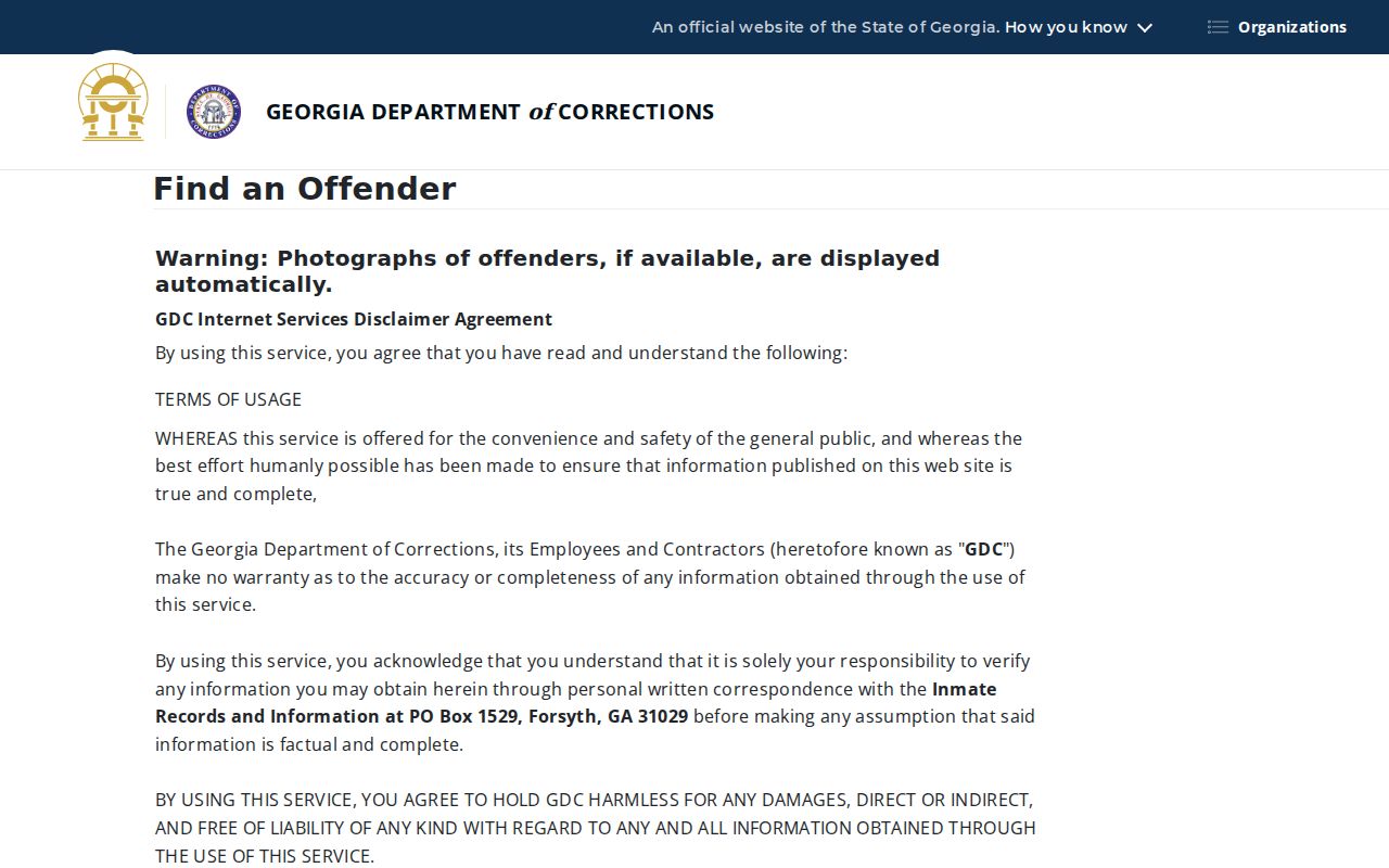 Georgia inmate records search fields in the GDC Offender Query