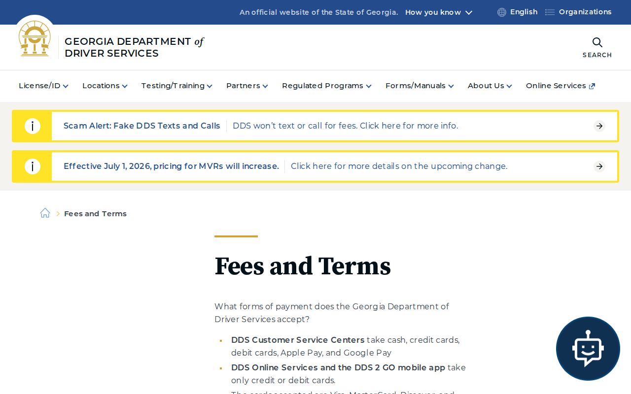 Georgia traffic record fees on the DDS service page