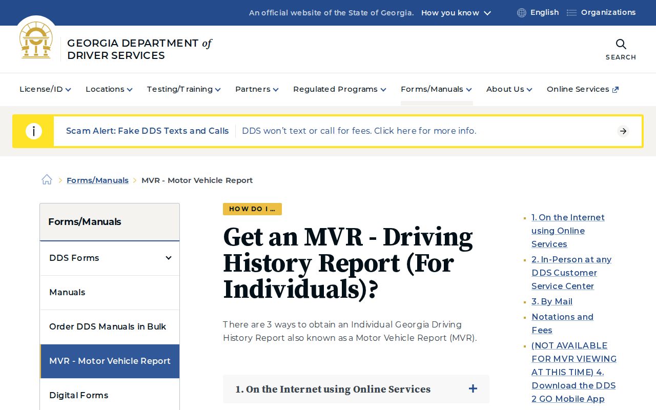 Georgia traffic records and Department of Driver Services MVR page