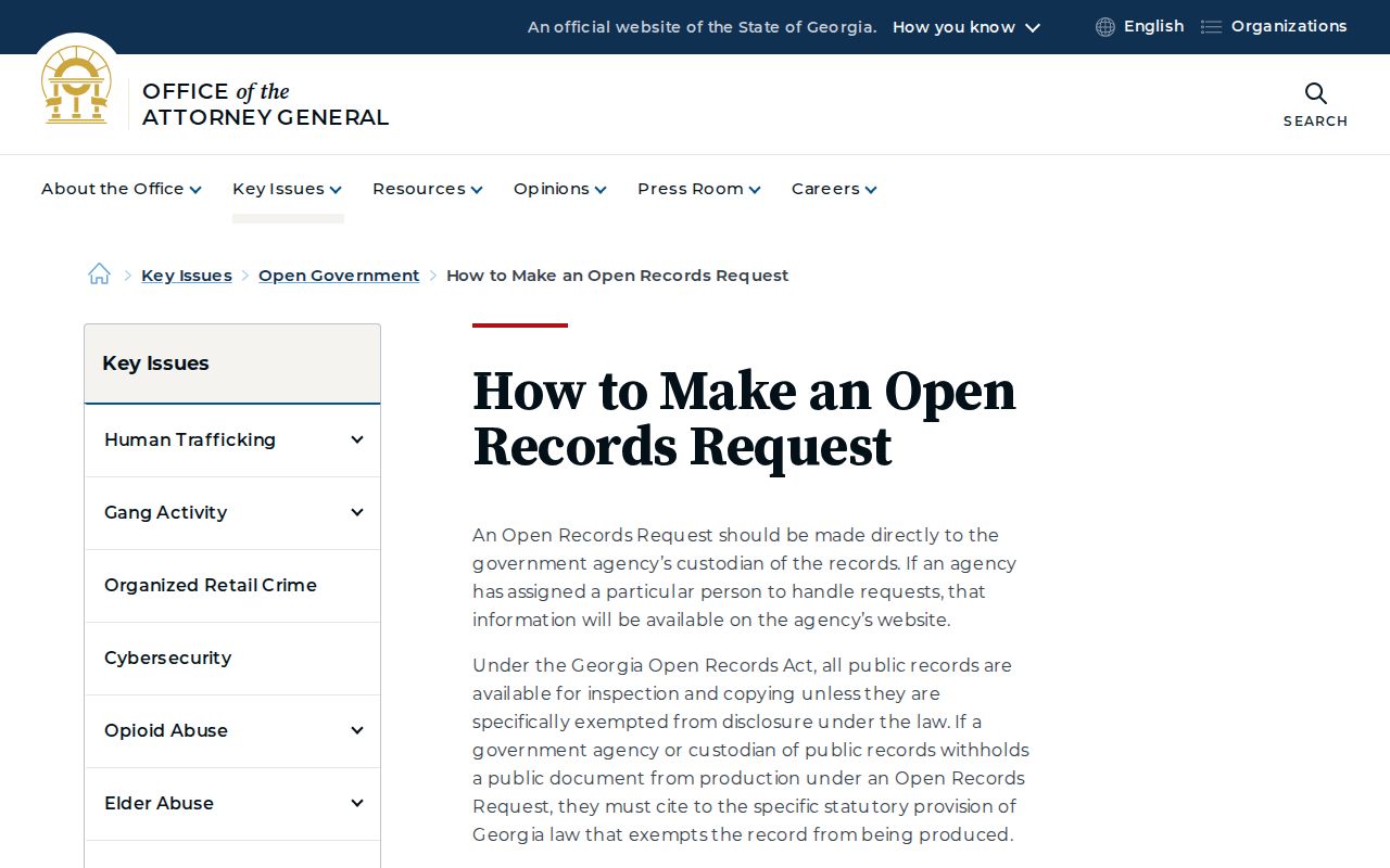 Georgia court records Attorney General open records request instructions